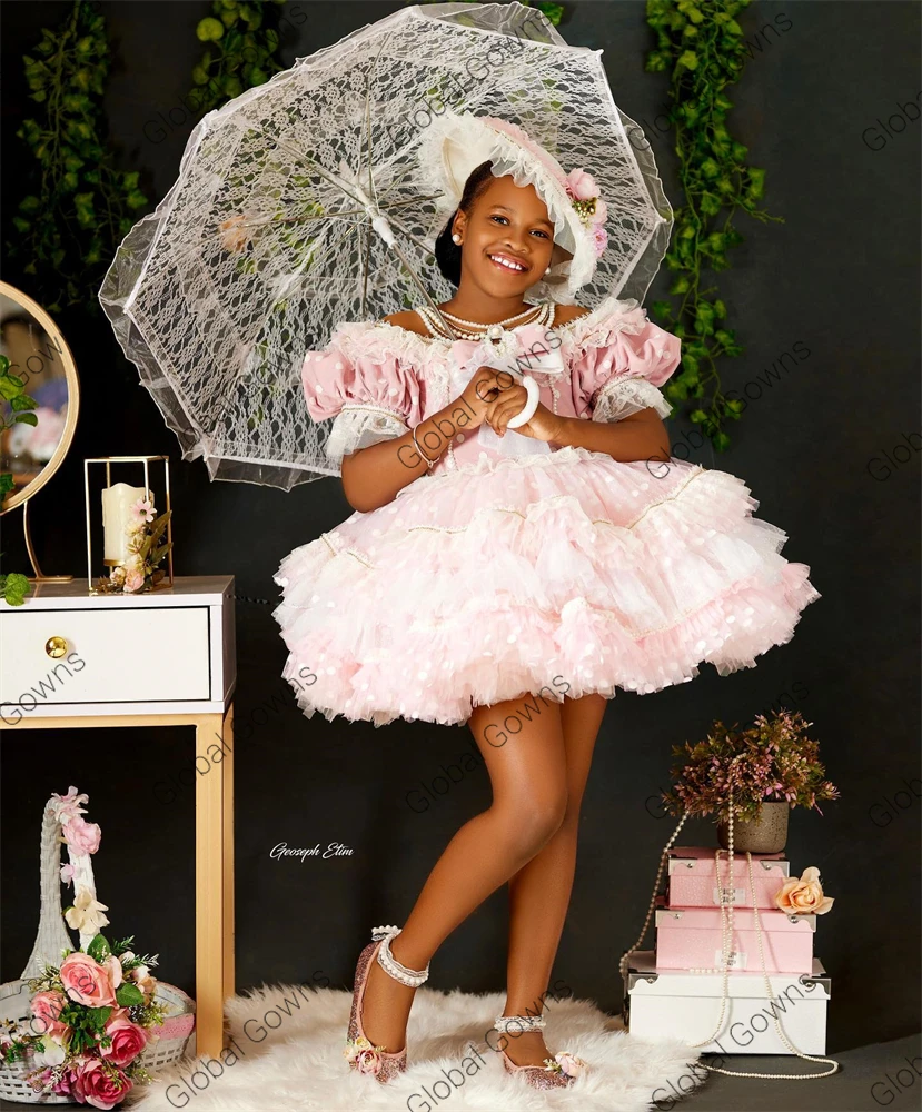 Vestido De baile rosa con cuello redondo para niña, traje escalonado con volantes para fiesta De cumpleaños, graduación, graduación