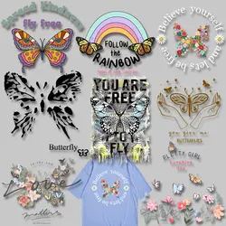 Butterflies and Flowers Words Rainbow stickers Iron-on Transfers Patches for Kids Clothing Jacket Stickers on fabric