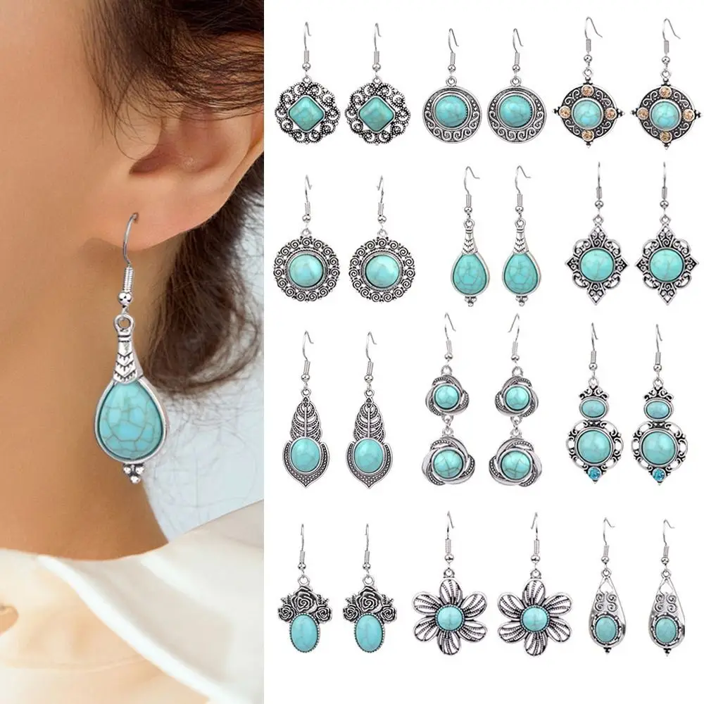 3pair Simple Silver Color Turquoises Earrings Set Carved Bohemian Dangle Earrings Flower Ethnic Style Drop Earrings Ladies