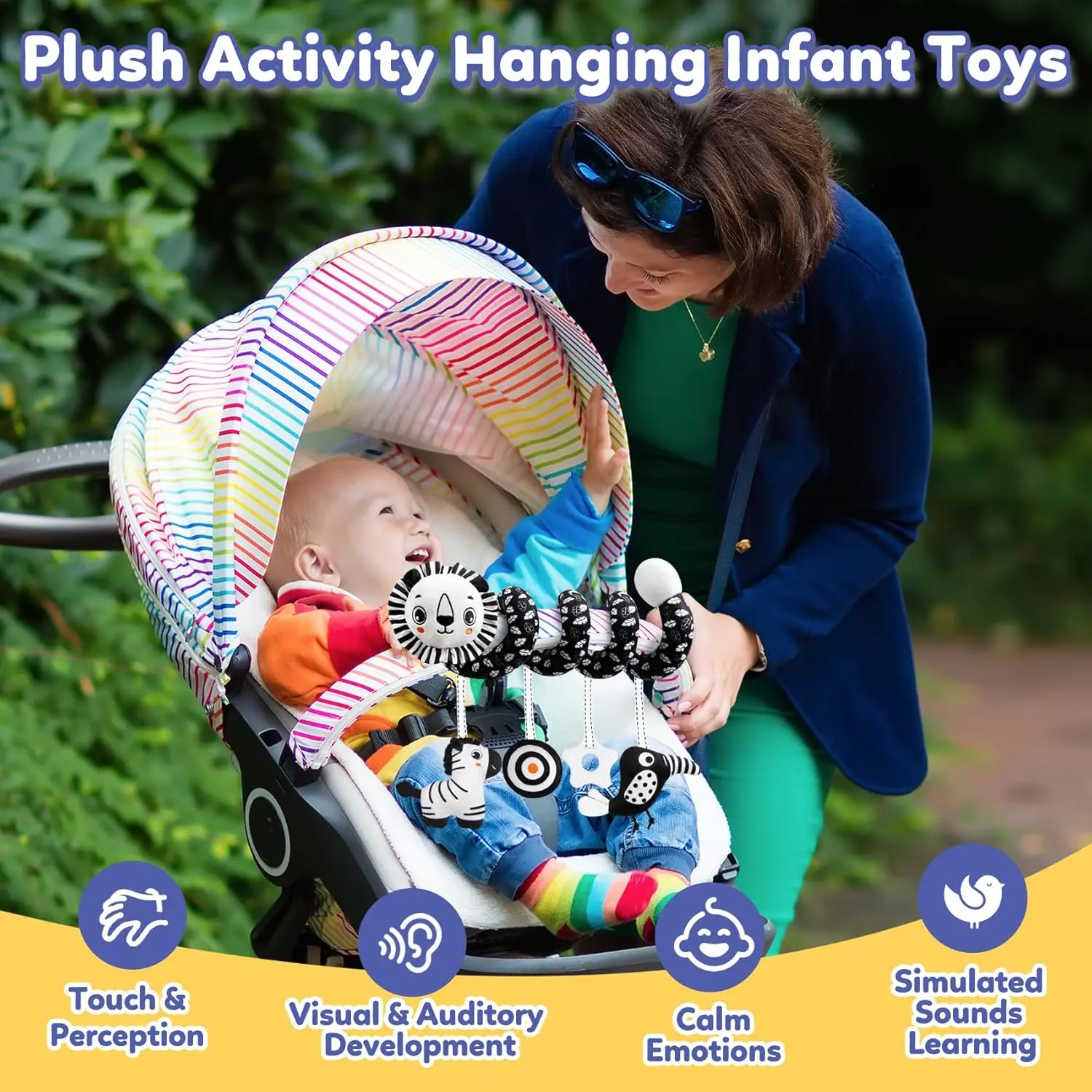 Giocattolo per seggiolino auto per bambini Giocattolo per passeggino per attività sospese a spirale con sonaglio bianco e nero per neonati, ragazzi e ragazze - Leone