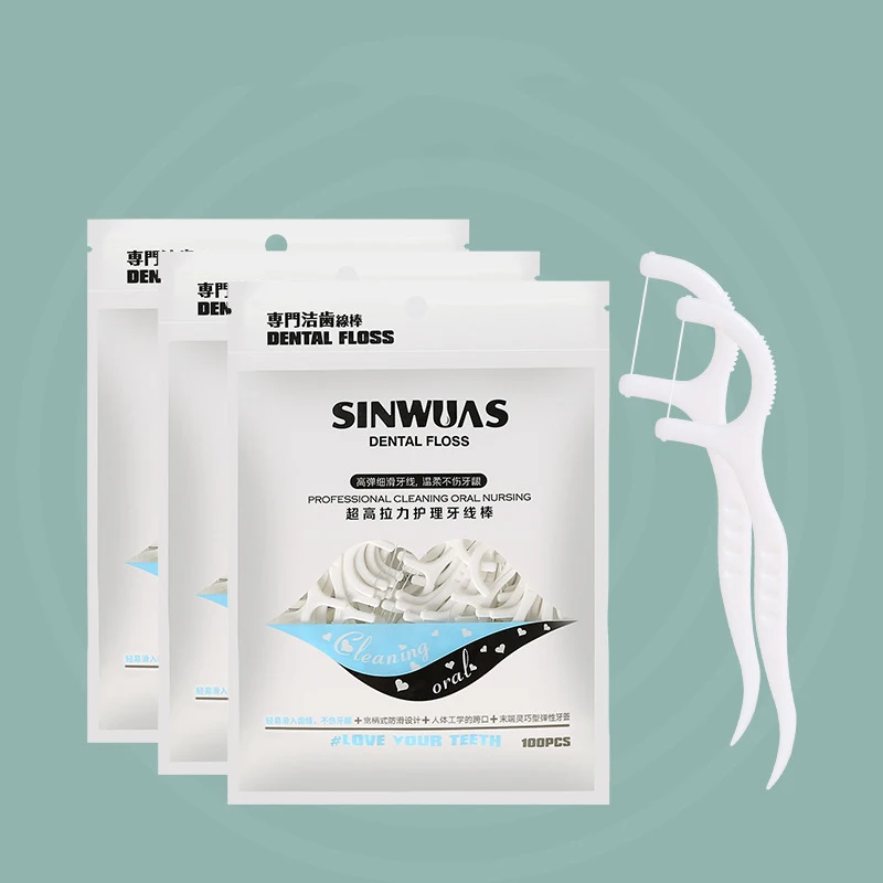 Palillos de hilo Dental para adultos, púas Total de 100 (blanco), bolsa empaquetada, palo de hilo Dental ultrafino para la familia