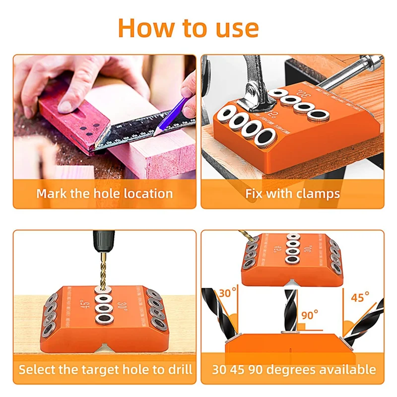 Guía de taladro de A20F, ángulo de 30, 45 y 90 grados, 4 tamaños, agujero de taladro, plantilla de plantilla para manualidades de madera, pasamanos de alambre de escalera Du