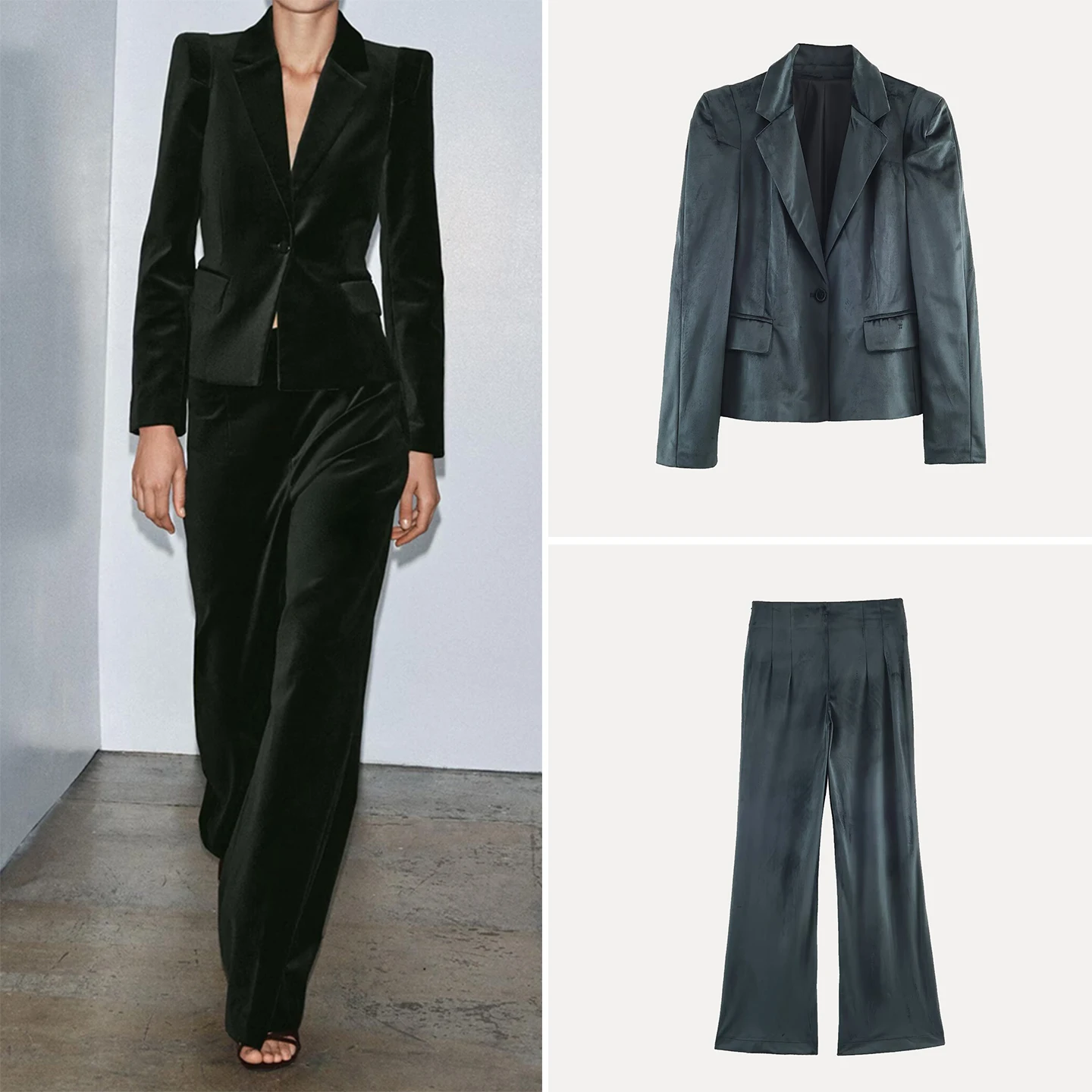 Women's Suit Jaet And Flared Pants Set High Waist Long Sve Button up Slim Fit Casual Autumn Faion Two-Piece Ensemble