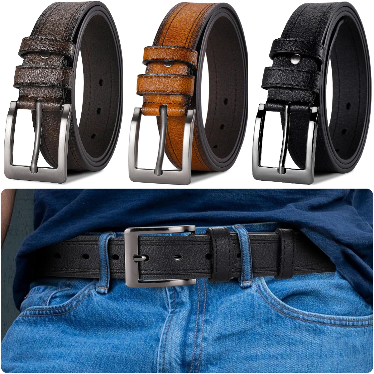 

2-Pack Vintage Hand-Aged Leather Belts for Men with Needle Buckle Set Longest Length 135cm Multiple Colors Available
