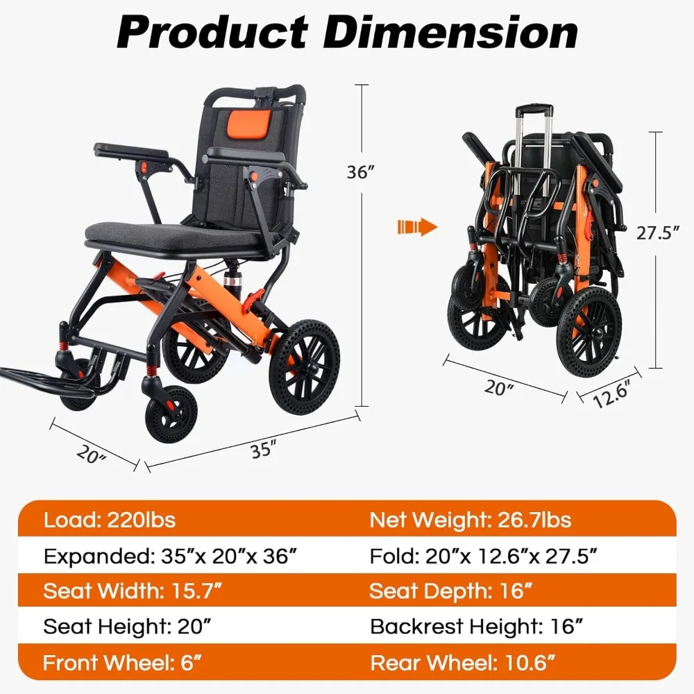 Fauteuil roulant de transport léger amélioré pour adultes, livré avec une poignée télescopique et deux sacs de fauteuils roulants