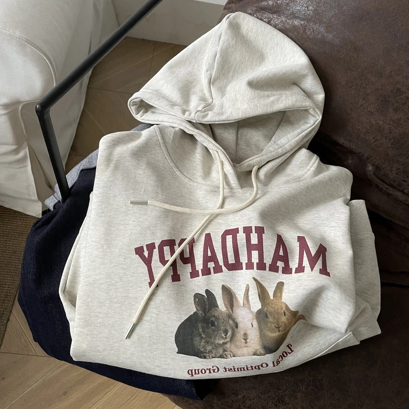 

Fashion Brand Rabbit Print Hooded Pure Cotton Hoodie Female Spring Cityboy Niche Top Coat Japanese And Korean Style hoodies
