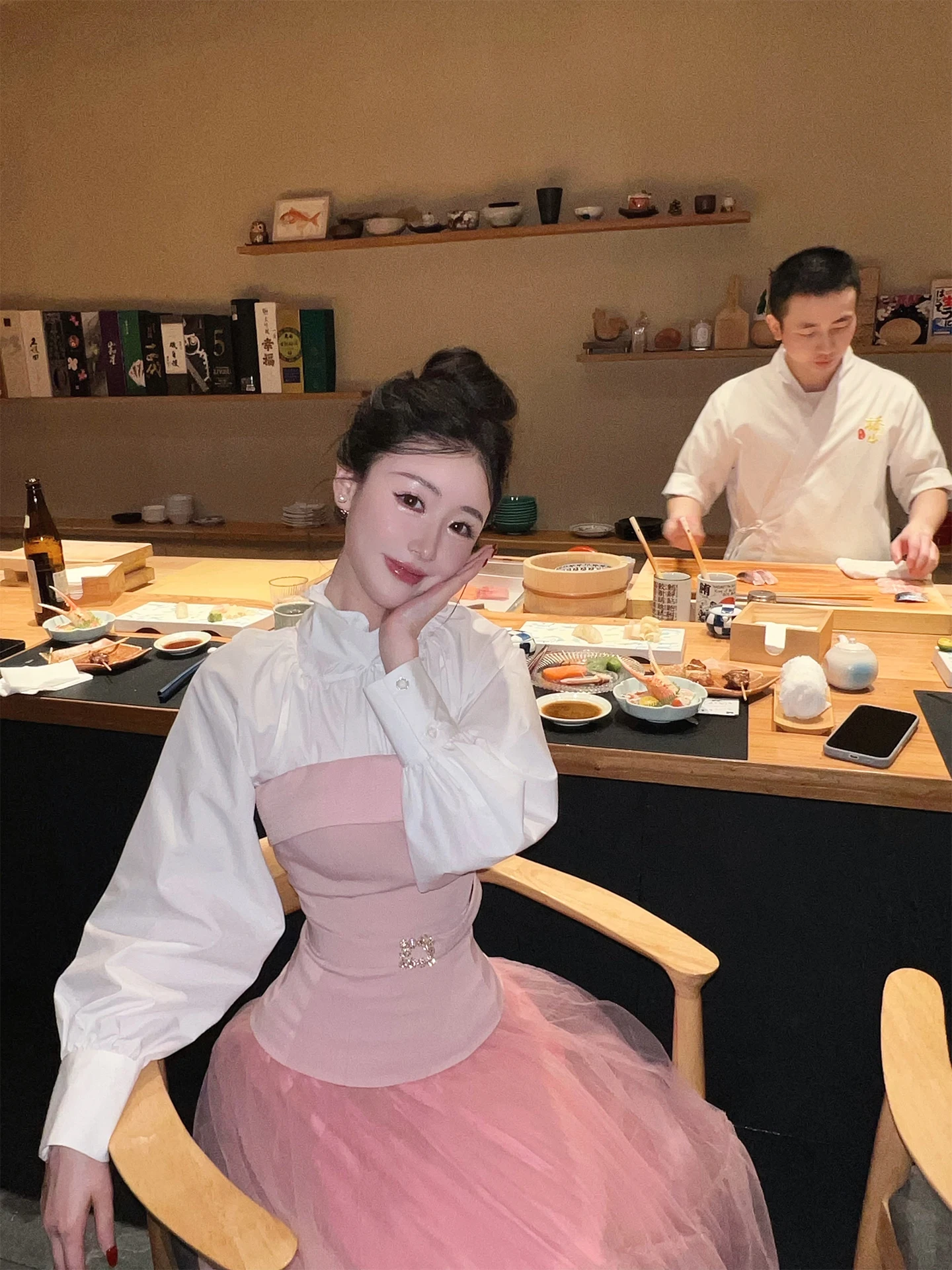 

Princ Sle Long Sve irt with Sa High Waist Pleated Skirt And Collarl Tube Top Tee Piece Set for Women