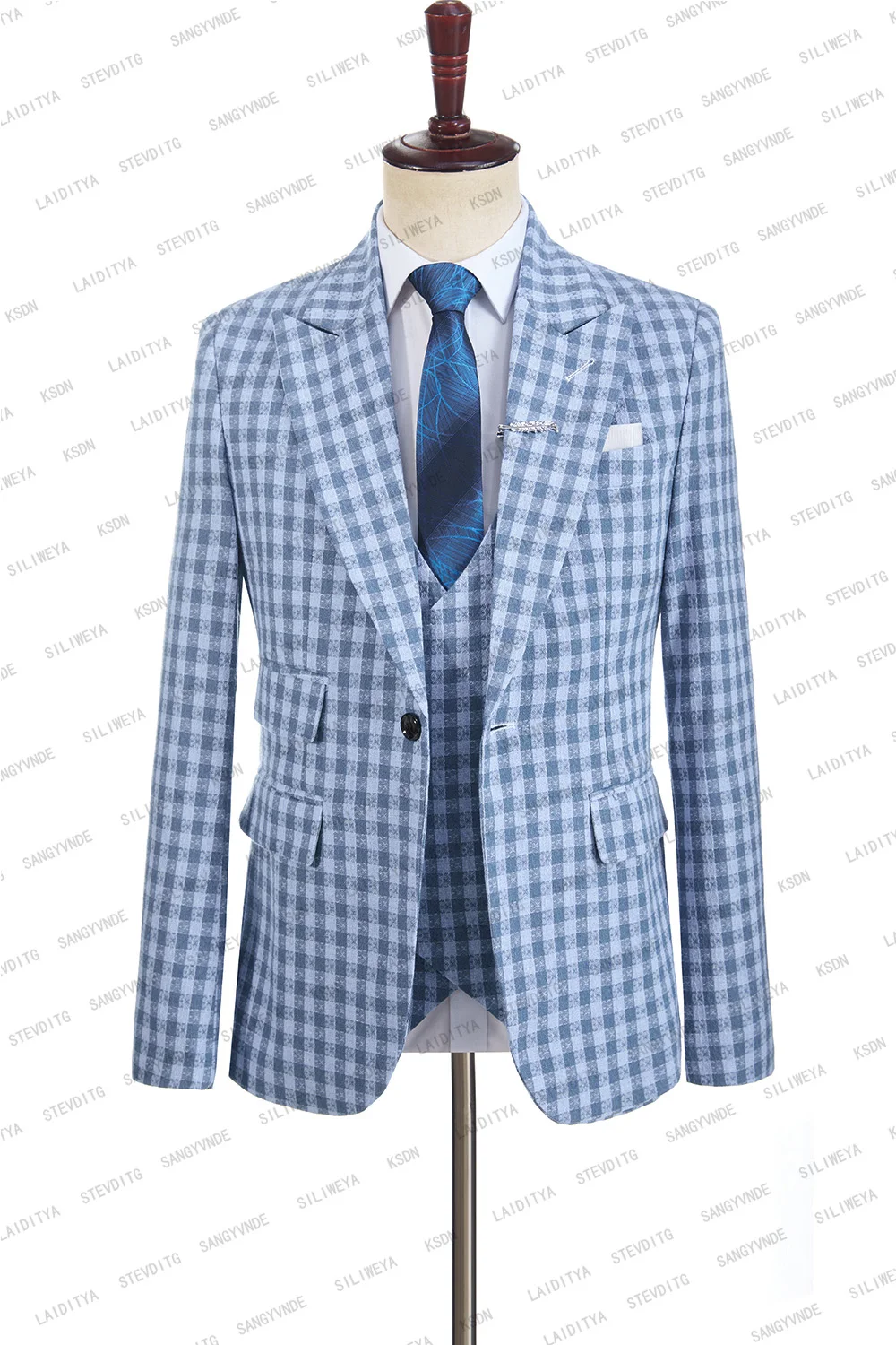 Male Wedding New 2023 Summer Business Formal Blue Plaid Suit Luxury Slim Fit Coat Trousers Men Dress Blazers Pants Vest 3 Piece