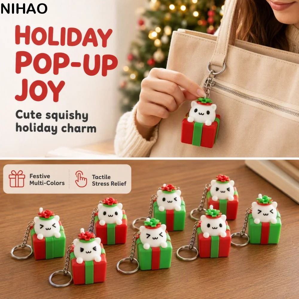 3D Printed Christmas Clicker Keychain Cute Gift Box Shape Button Press Key Ring Cat Kawaii Style Fidget Bag Cat Keychain Kids
