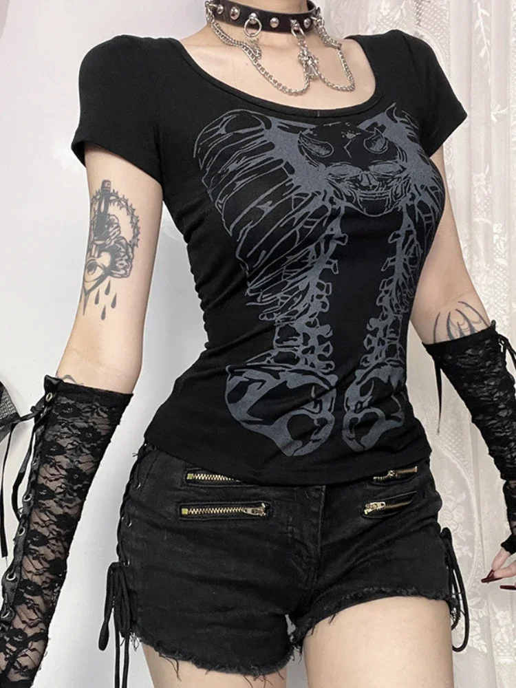 Punk Girls Club Hollow-out Summer Black Slim Skull Print T-Shirt Gothic Popular Visual Kei Sexy Cotton Tees Top