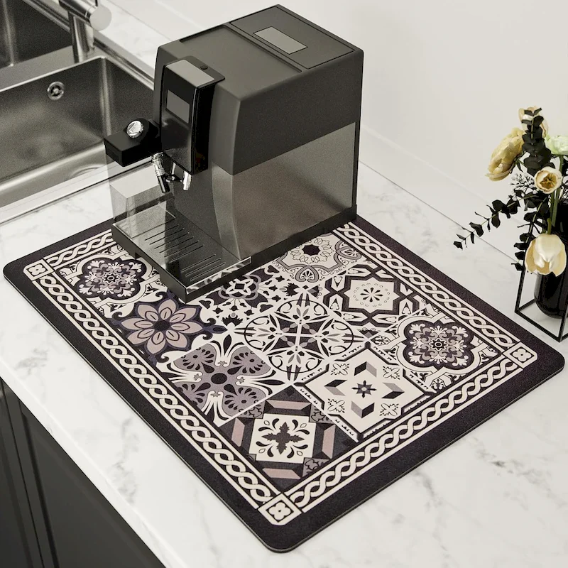 VIKAMA Retro Ceramic Tile Pattern Tabletop Pad Quick drying Non slip Rubber Carpet Coffee Machine Soft Cushion Home Decoration