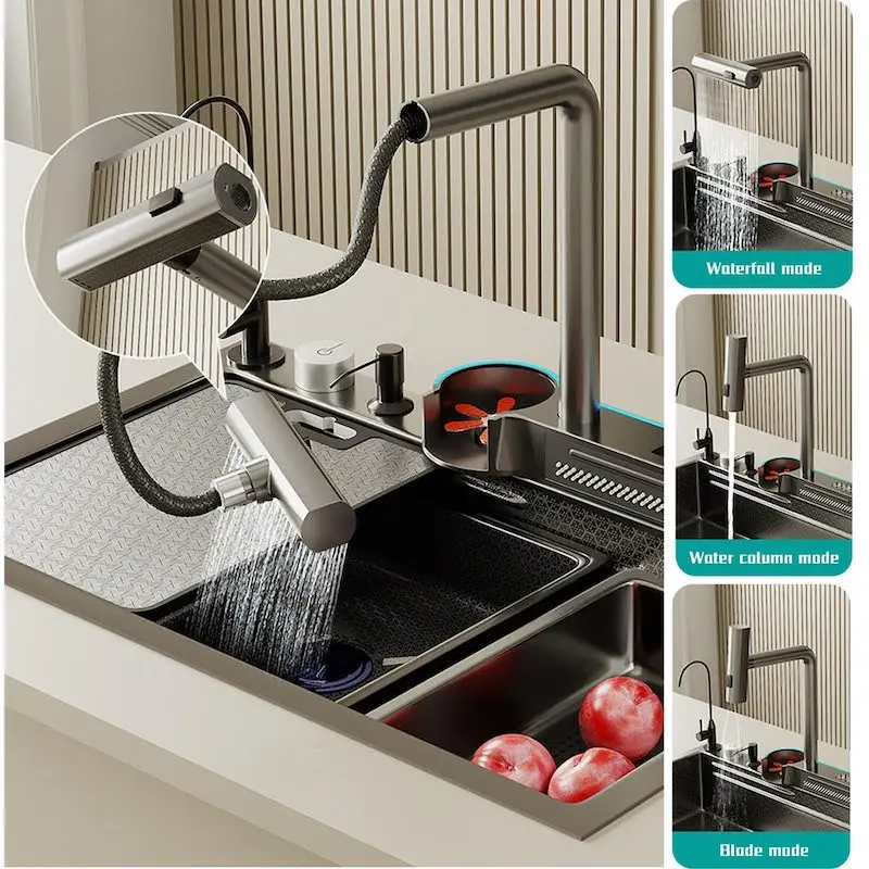 Tiktok New Trend Stainless Steel Single Slot Bionic Honeycomb One Piece Waterfall Faucet Kitchen Sink With Smart Cup Washer