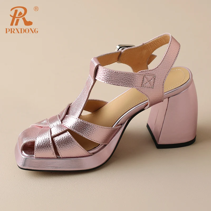 PRXDONG Women\'s Shoes New Brand Genuine Leather Chunky High Heels Platform T-strap Gold Pink Summer Dress Party Sandals Size 39