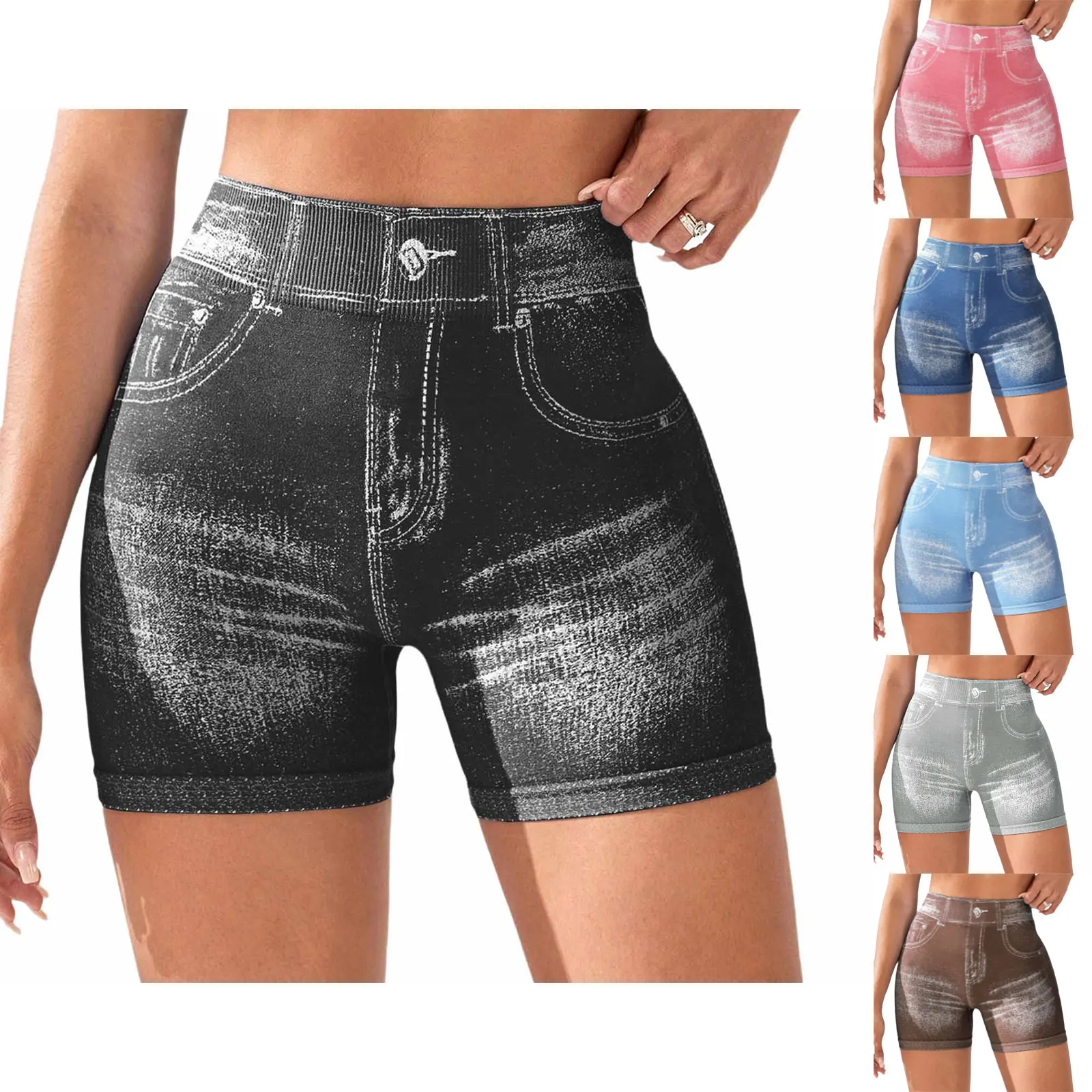 Pantaloncini da yoga elasticizzati senza cuciture stampati in denim da donna Cintura elastica Pantaloncini posteriori con volant alla moda per pantaloncini da ciclismo sportivi da corsa