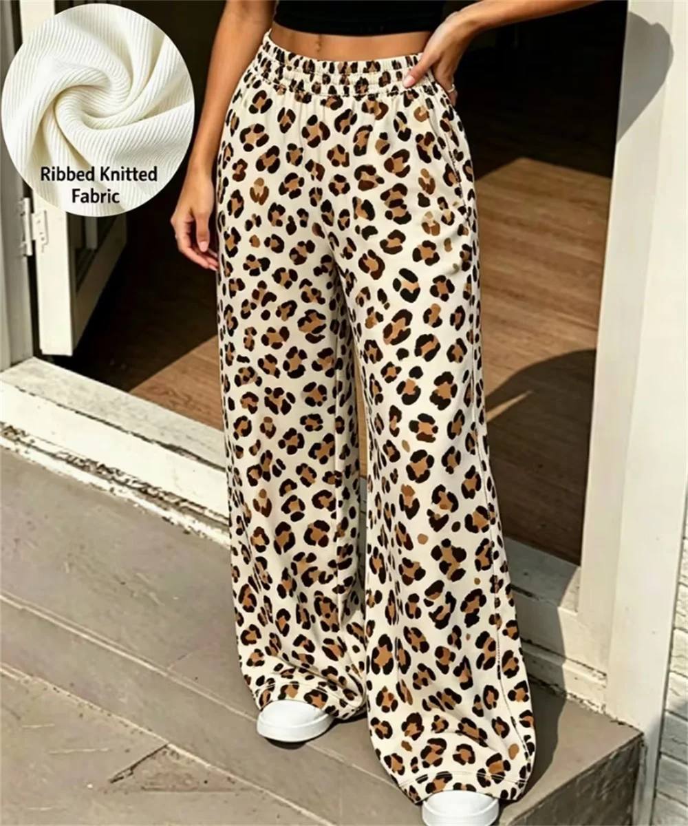 2026 autumn women's new red background contrasting leopard print casual wide leg pants, retro hot and spicy casual style