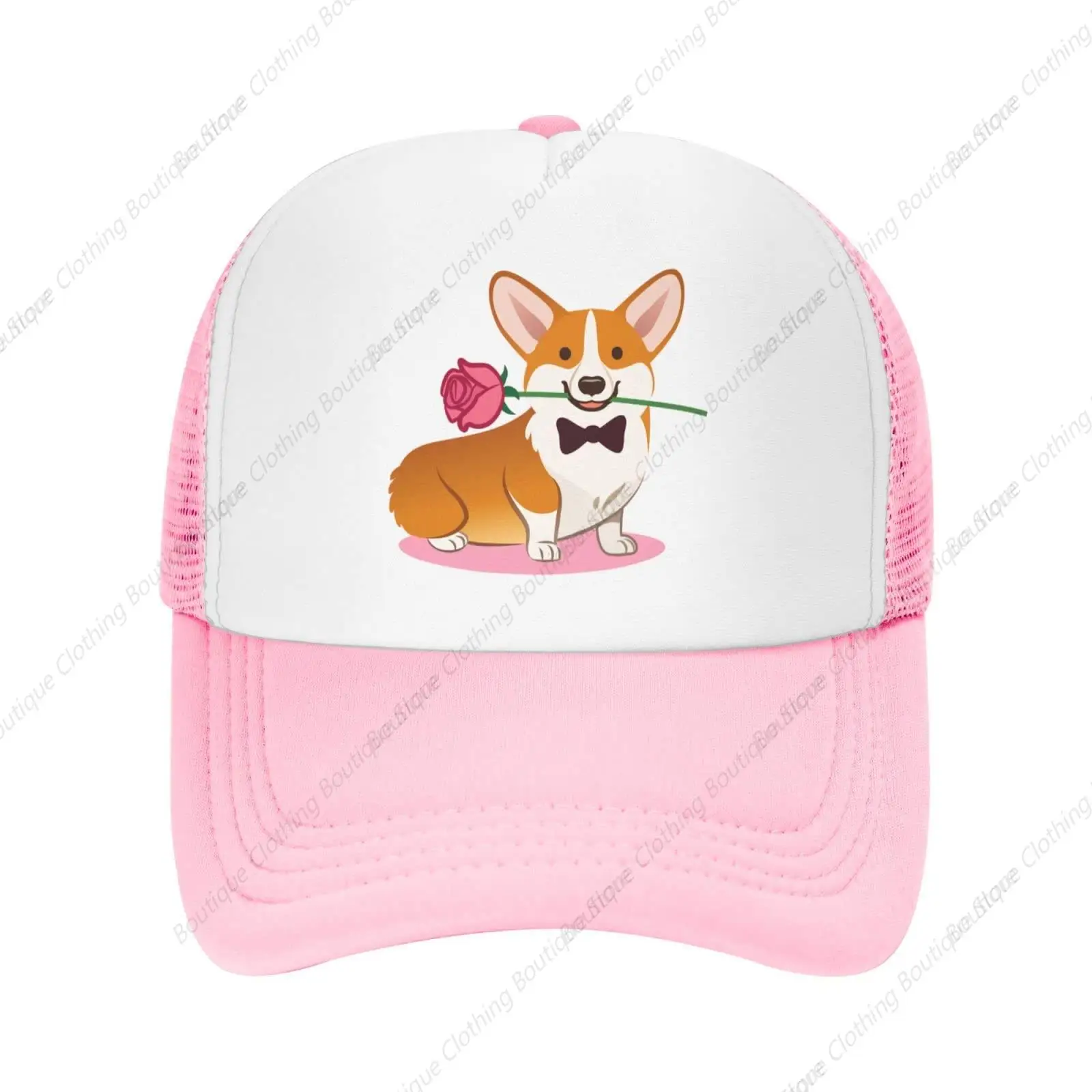 

Mesh Dad Hat Adjustable Washed Corgi Dog with Rose Pink Baseball Dad Cap Funny Distressed Ball Trucker Cap for Women Men Unisex