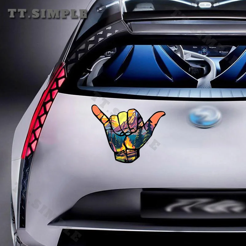 TT Creative Shaka Hands Mountains and Rivers Car Stickers Motorcycle Windshield Helmet Vinyl Decals Scratch-Proof Car Gadget