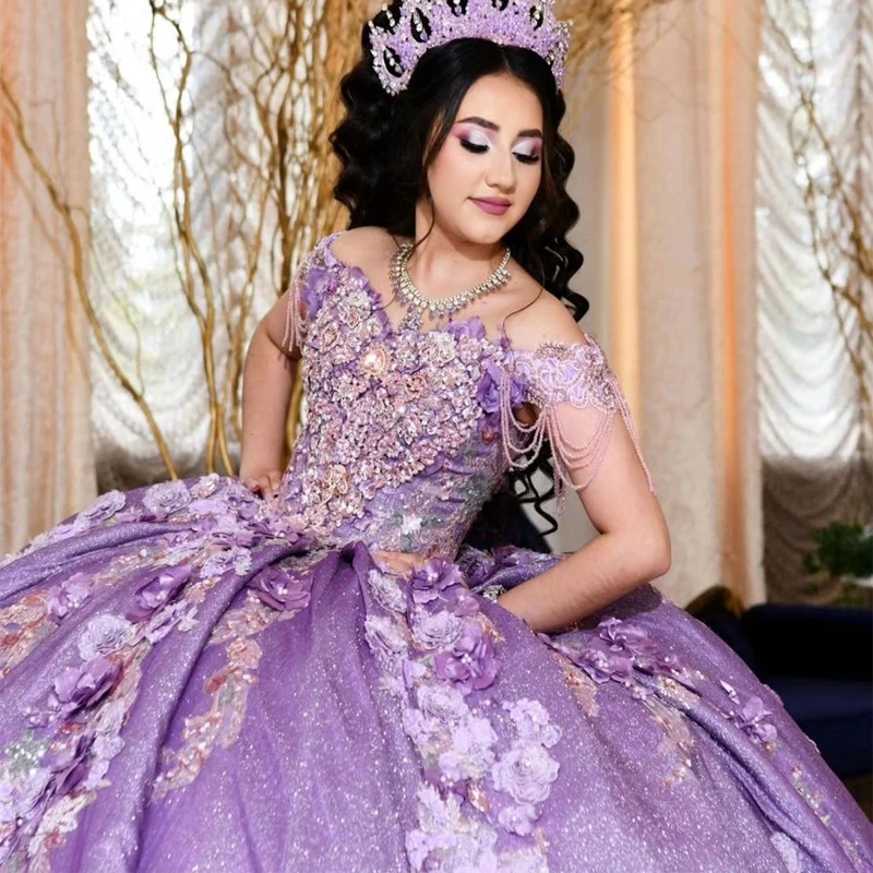 Luxo lavanda brilhante quinceanera vestido 2025 princesa applique rendas contas doce 15 16 vestido de festa de aniversário de 15 anos