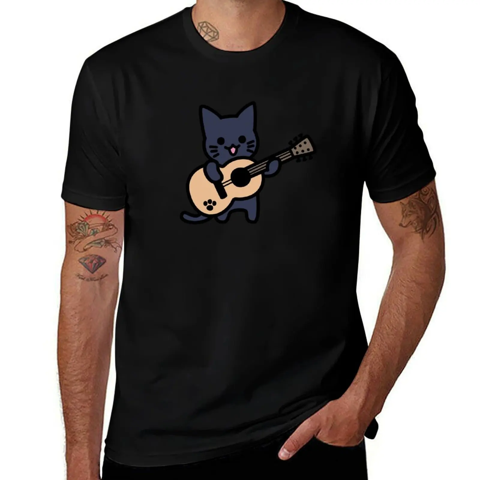 

Black Cat Playing Guitar T-Shirt oversized graphic t shirt vintage vintage anime shirt summer tops men t shirts
