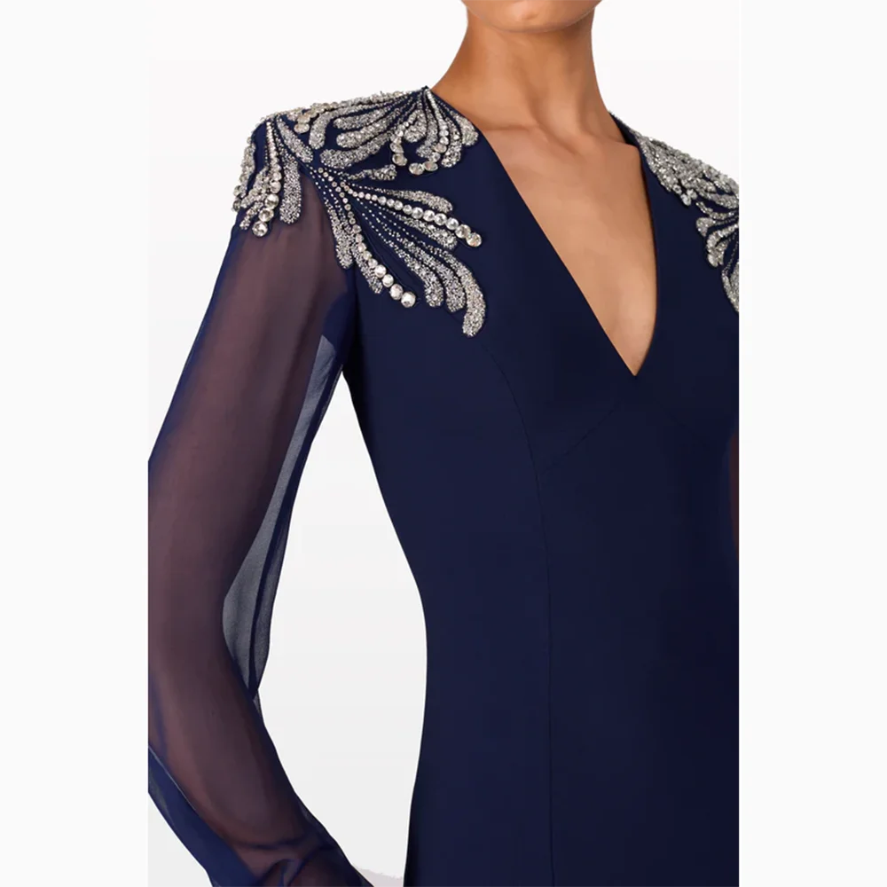 럭셔리 이브닝 드레스 브이넥 긴 소매 비즈 크리스탈 A라인 이브닝 가운 바닥 길이 웨딩 게스트 드레스 맞춤 제작