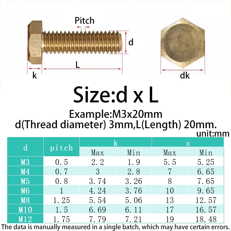Brass Hex Head Bolt DIN933 GB5783 Brass Full Thread Hexagon Screw M3 M4 M5 M6 M8 M10 M12 Copper Bolts for Electrical Plumbing