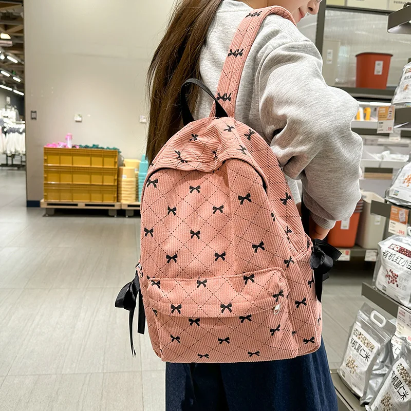 Autumn and winter corduroy bow backpack for female college students, for high school students, cute backpack for middle school