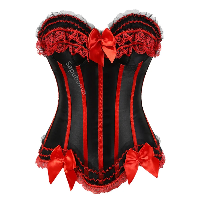 Sapubonva Lace up korsetten bustiers top sexy satijnen corset gestreepte dames satijn halloween groot formaat rood zwart roze korsett