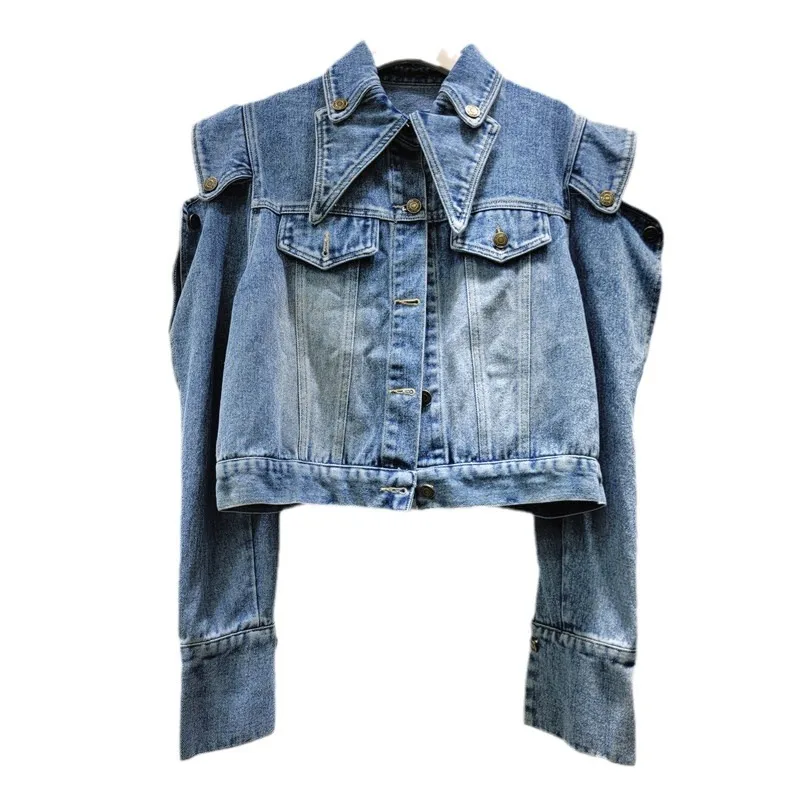 Trendy New Women's Off-shoulder Jeans Jacket Design Denim Coat Autumn Fashion Double Lapel Long Sleeves Jacket Female Streetwear