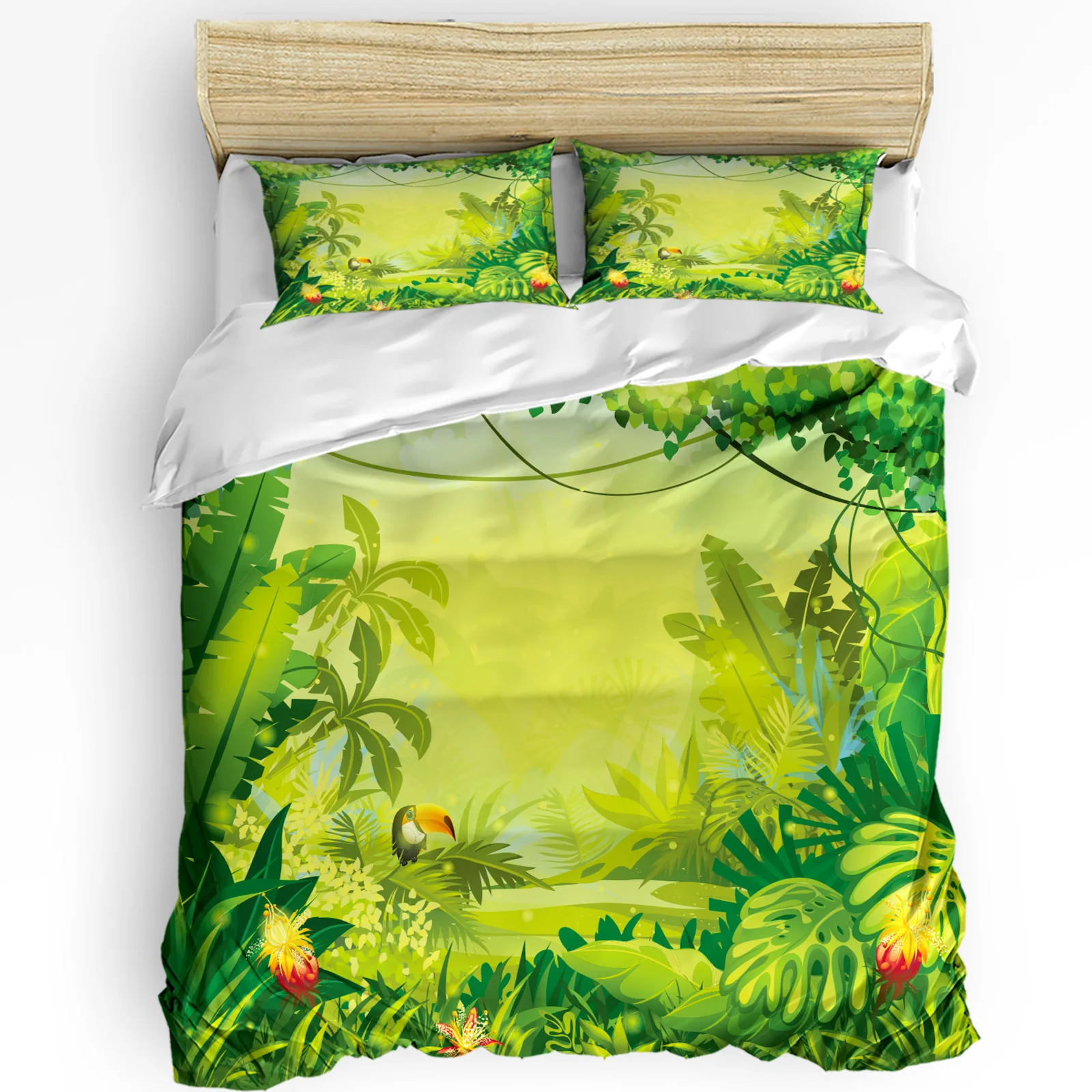 

Natural Green Forest Bird Flower Cartoon 3pcs Duvet Cover Set Pillow Case Double Comforter Bedding Set Quilt Cover Couple Bed