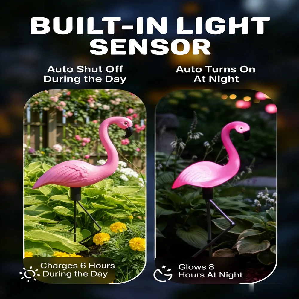 3Pcs Solar Powered Flamingo Ground Stake Lights, Waterproof Outdoor Garden Pathway Decorative Night Lights for Yard Patio Lawn view 5