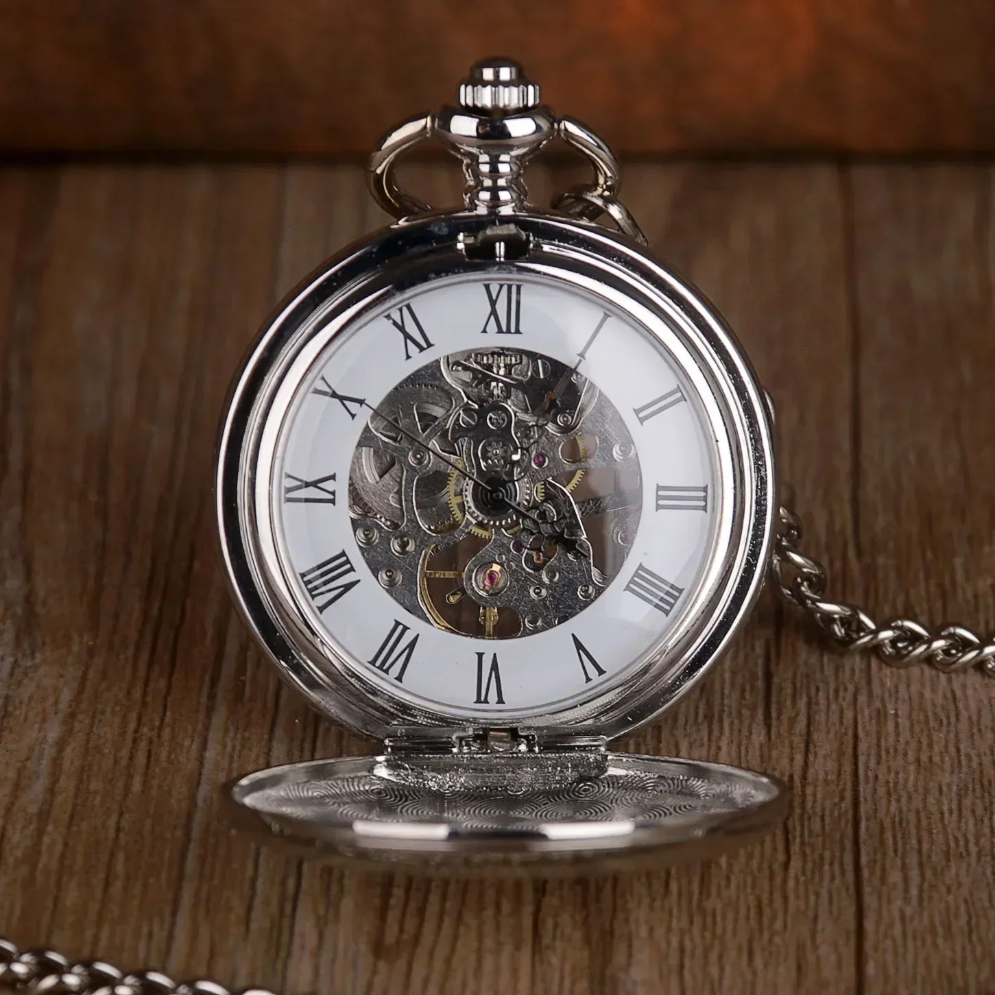 Polishing Silver Cover Mechanical Pocket Watch Exquisite Round Display Dial Pocket Pendant Clock Gifts Watches For Men Women