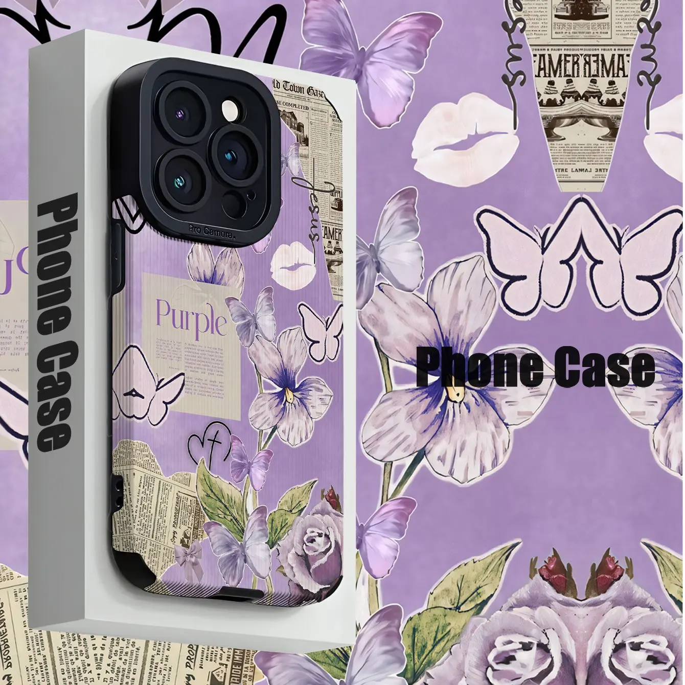 For Samsung S25 Purple Floral Butterfly Collage Compatible For Galaxy S25/S24/S23/S22/S21/S20 and A Series Models