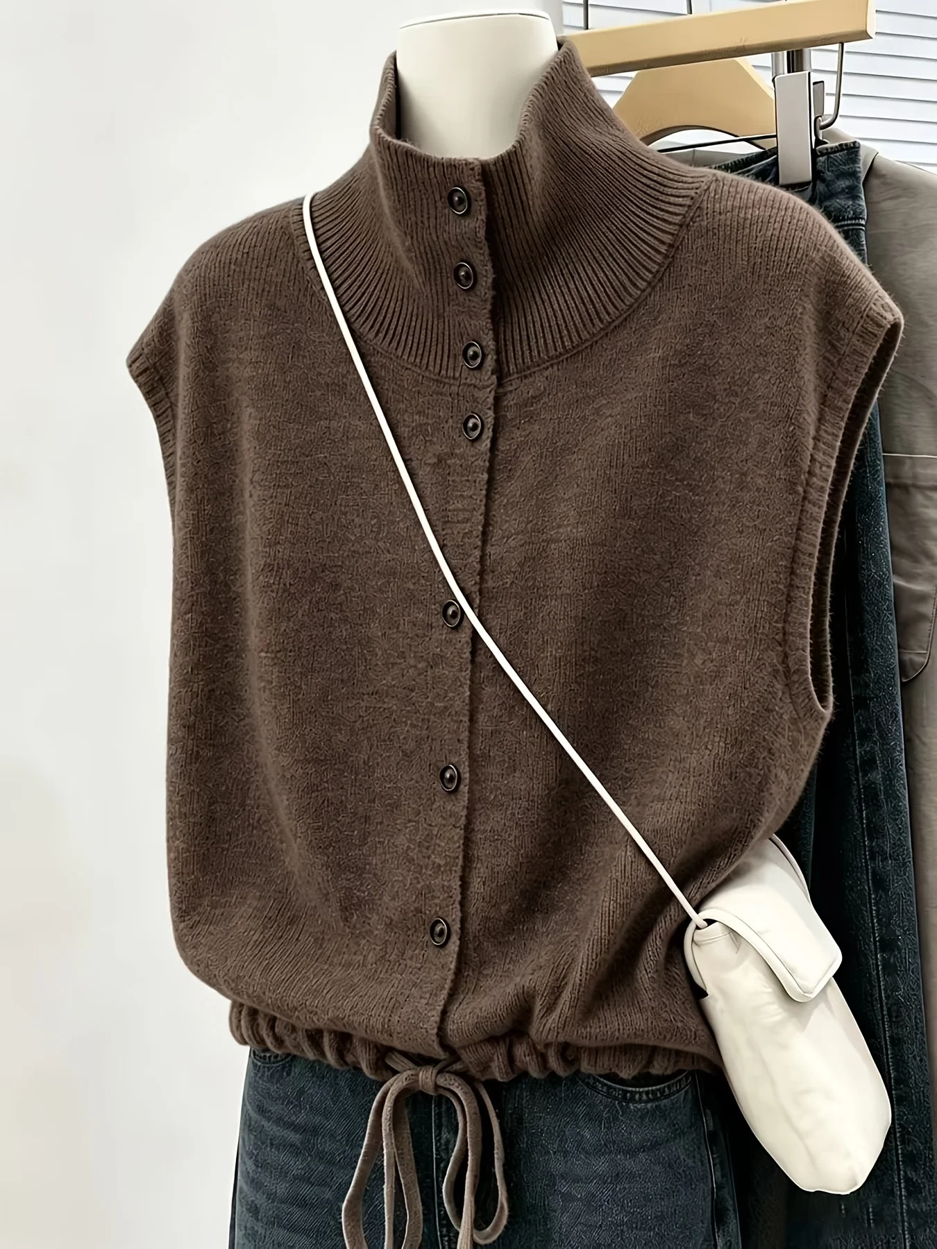 Vintage Buttons High‑Neck Sweater Vest, Autumn‑Winter Solid Color Versatile Drawstring Waist‑Tight Sleeveless Knit Tank Top, 202