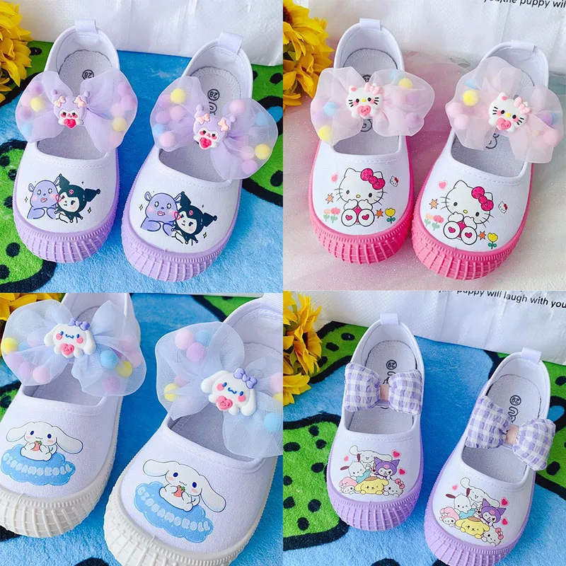 Sanrios Shoes Hellokittys Mymelody Kuromi Kids Soft Sole Shoes Comfort Cinnamoroll Girl Indoor Shoes Versatile Canvas Shoe Gifts