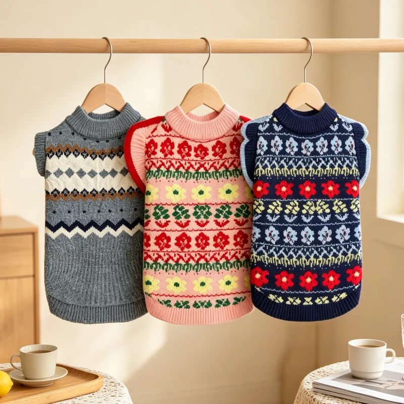 Vintage-Hundepullover mit Blumenmuster, süße, weiche Hundekleidung, Rüschenbündchen, gestrickter Pullover für Welpen, warmer Winterpullover für Katzen, Haustiermantel, Outfit für Bichons.