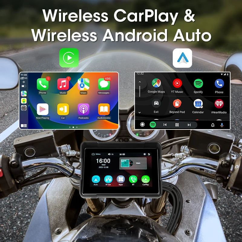 JMCQ-Motocicleta Carplay Tela DVR Dashcam, 5 "Touchable IPX7 impermeável IPS Monitor, sem fio Android Auto 2 Câmeras