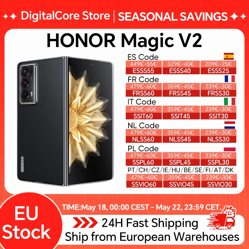 Smartphone pliable Honor Magic V2 version globale 5G, Snapdragon 8 Gen2, écran OLED LTPO 120 Hz, triple appareil photo 50 MP, Android