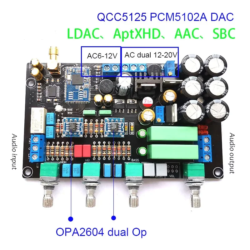 لوحة ألوان مضخمة للصوت DLHiFi QCC5125 بلوتوث 5.1 HiFi LDAC APTX HD 24bit 96k لوحة ألوان مزوّدة بمكبر صوت ثانوي مع PCM5102A DAC I2S فك التشفير