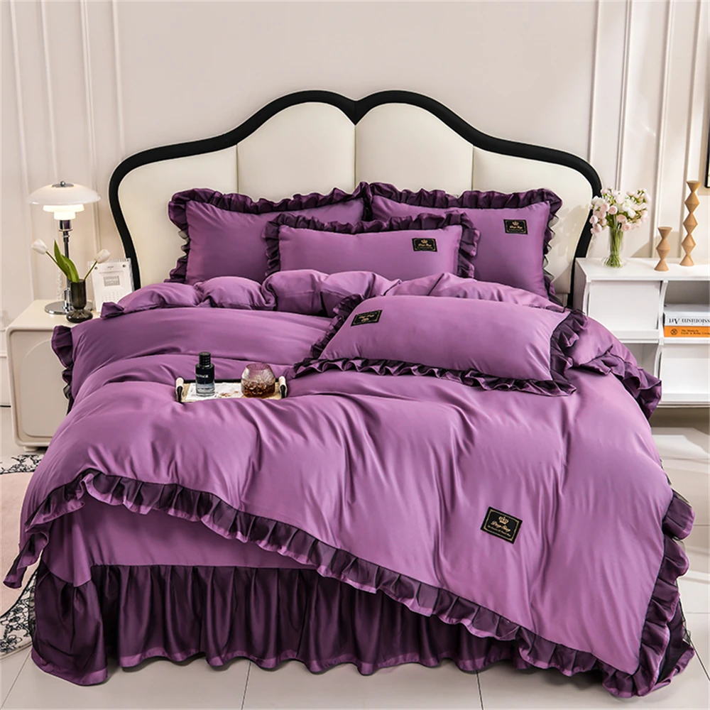 

Korean Lace Ruffles Bedding Set Washed Cotton Princess Style Girls Bedroom Decor Duvet Cover Bed Skirt Pillowcase Home Textiles