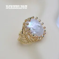 100% Real Irregular Natural Freshwater Pearl Ring with Colorful CZ for Women Gold Plated Resizable Female Fine Jewelry