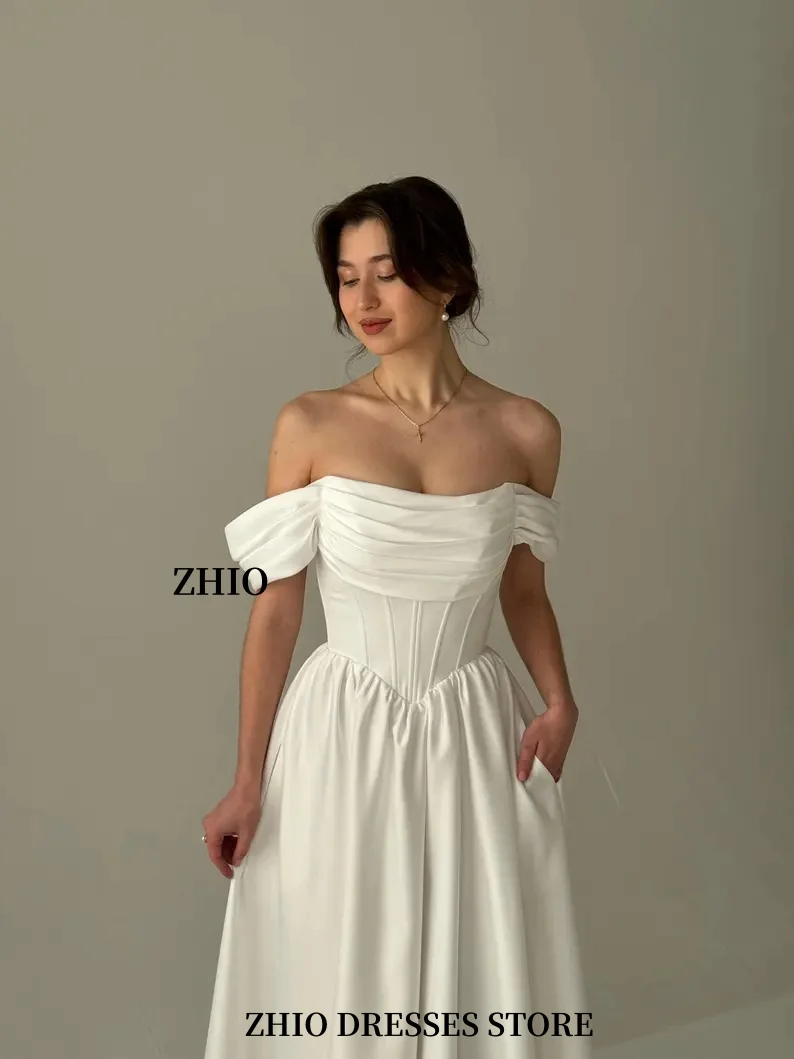 ZHIO หรูหราซาติน A-Line ชุดแต่งงานมินิการ์ดสีขาว Backless พับชุดเจ้าสาวชายหาดฤดูร้อนชุดแต่งงานที่กําหนดเอง