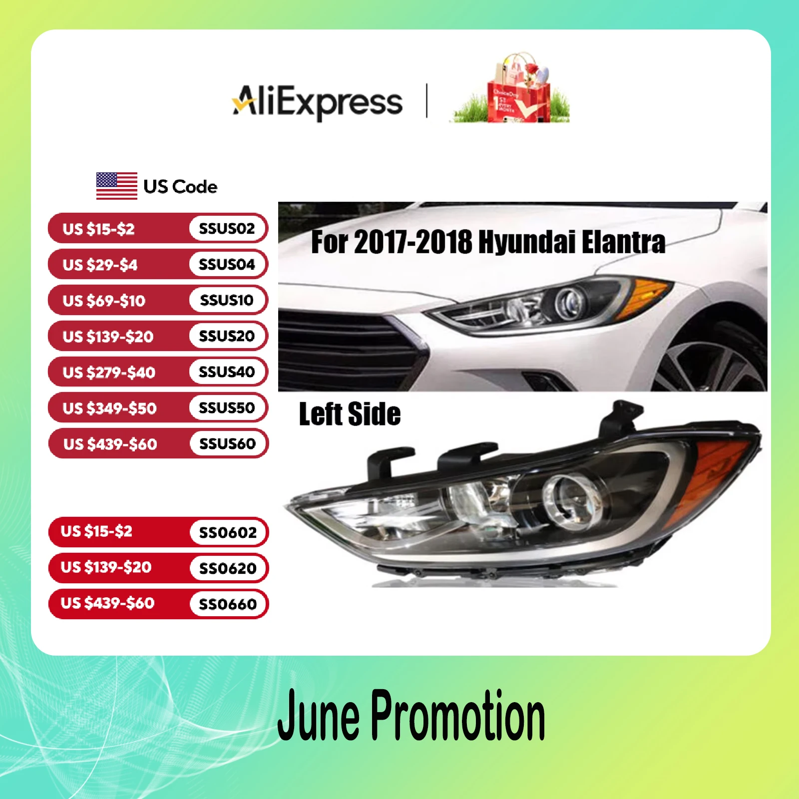 

Прочная галогенная левая фара для Hyundai Elantra Sedan 2017-2018 л