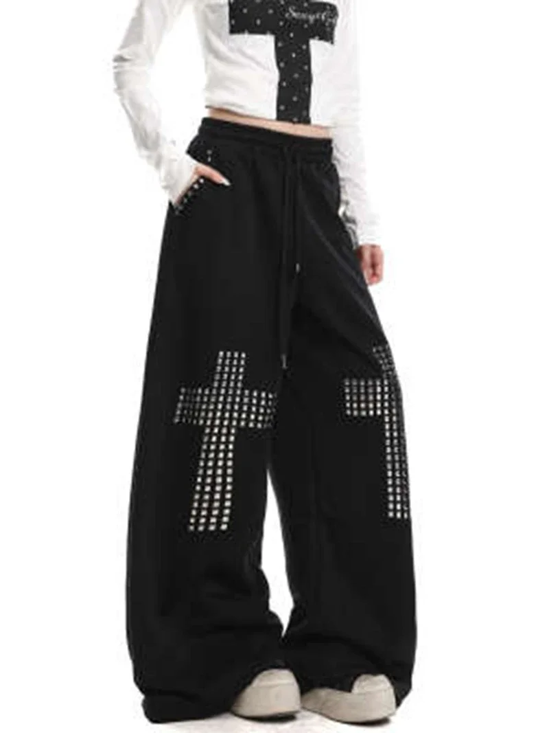 IMU Y2K American Heavyweight Cross Rivet Design Loose Straight Leg Pants Women's Spring Autumn New Trendy Dance Wide Leg Pants