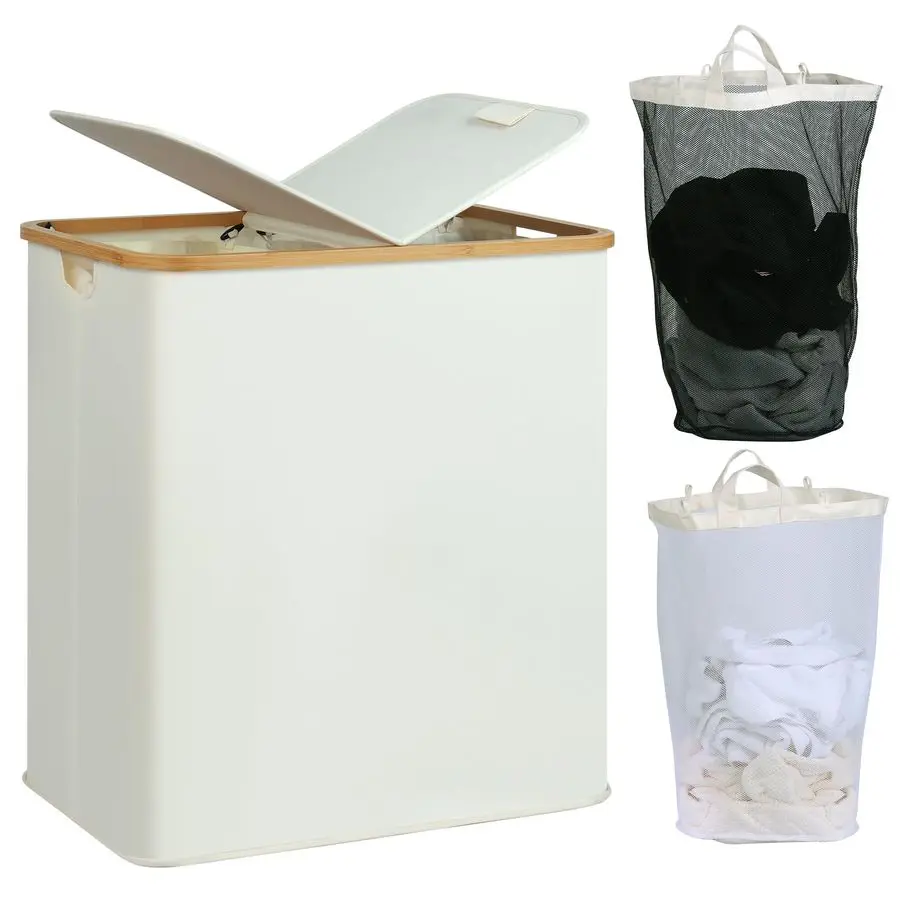 

Laundry Hamper with Lid, Double Laundry Hamper with 2 Removable Bags, 2 Section Laundry Basket with Bamboo Handles for Bathroom,