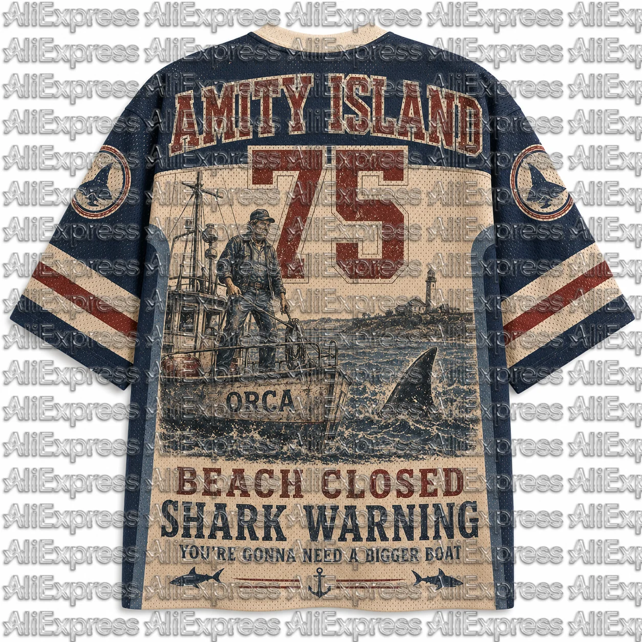 Retro Jaws Movie Ice Hockey Jersey Men's Mesh V-neck T-shirt 75 Retro Horror Movie Printed Street Sports Top image 2