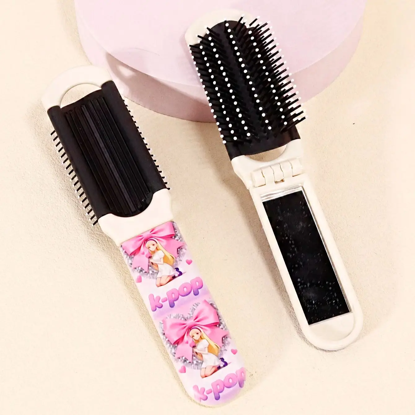 Kpop anime mulher padrão dobrável espelho pente, mini almofada de ar massagem pente, presente para fãs kpop, especial para perucas de cabelo real