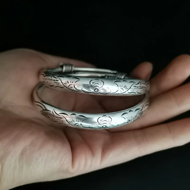 

Silver Bracelets Pair Two Pieces Pure Handmade Miao Silver Carved Solid Bracelet Silver Jewelry Vintage Antiqued Hand Ring