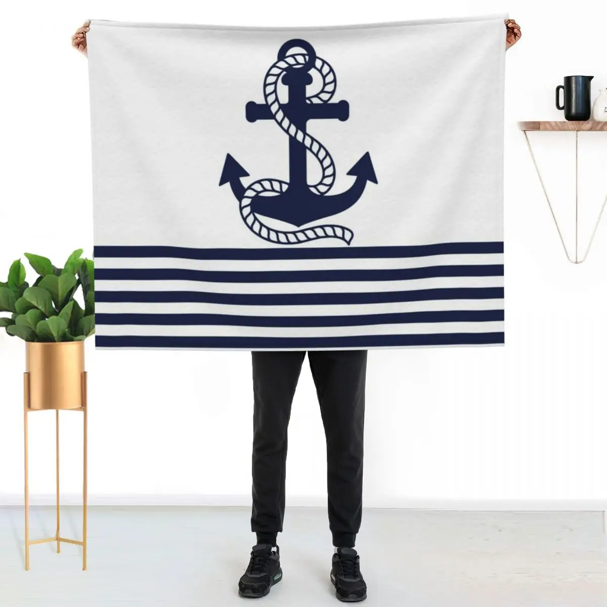 

Nautical Navy Blue Stripes and Blue Anchor Throw Blanket Warm Napping Blanket for Office Couch Bed