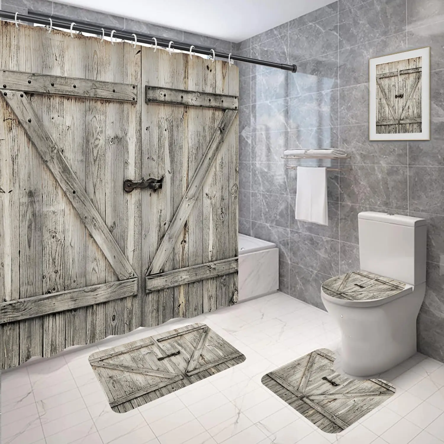 

Coxila Barn Door Shower Curtain Set Farmhouse Rustic Grey Grey Country Деревянная винтажная ретро крышка унитаза U-образный коврик для ванной 4