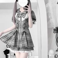 Jirai Kei Bow Dress Women Sweet Kawaii Style Black Pink Lolita Y2K Skirt Lace Short Sleeve Outfits Japanese School Girl Uniform 5